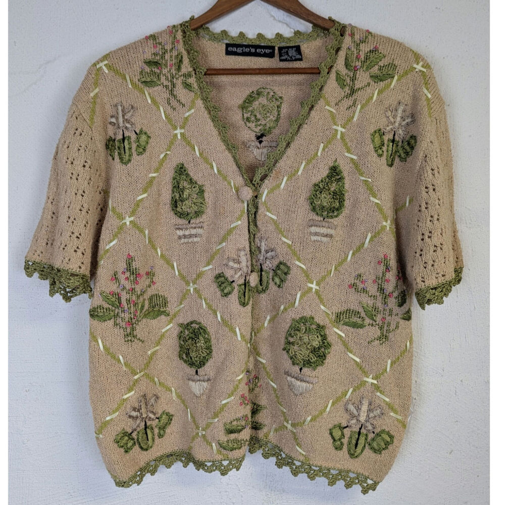 Vtg Eagles Eye Cardigan Sweater Embroidered Textured 3D Garden Granny Medium